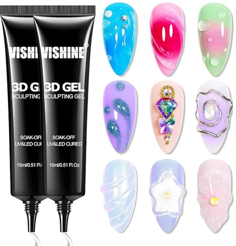 Vishine 3D Nail Gel Nail Art – 2Pcs 15g Gel Sculptant Transparent No Wipe, pour Dessins, Moulages, Strass 3D, Sculptures et Décorations Ongles, Idéal Manucure DIY et Professionnelle