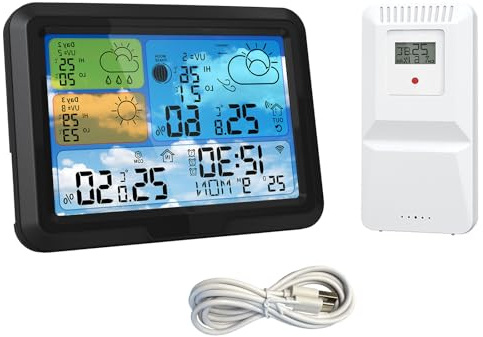 WATERBELINE Stations météo sans fil Wifi pour intérieur et extérieur avec affichage couleur prévisions sur 3 jours et phase de lune