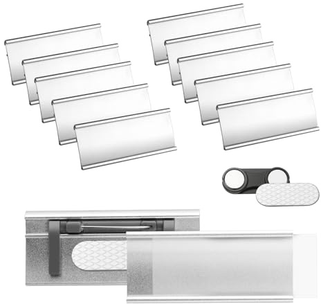 10 Stück Namensschilder für Kleidung Magnet, Aluminium Namensschilder mit Starkem Doppelmagnet, 72 x 31 mm Namensschild Magnetisch mit Papiereinschub und Nadel für Arbeit, Restaurant, Schule