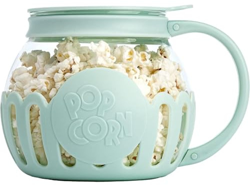 Micro-Pop Microwave Popcorn Popper with Temperature Safe Glass, 3-in-1 Lid Measures Kernels and Melts Butter，Dishwasher Safe,Popcorn Jar with Silicone Lid (Green)