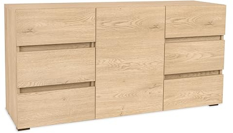wohnartig® ESSENZIO Kommode Eiche Cremona – Schubladenschrank mit 6 Schubladen & 3 Fächern hinter Türen – 120 x 33,4 x 57 cm Schrank mit Schubladen | Schlafzimmer Nachtkommode | Schubladenkommode