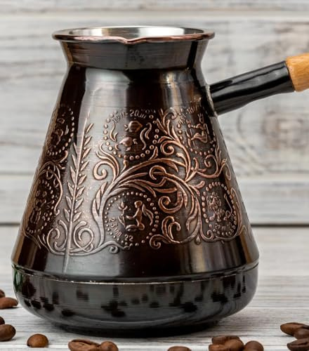 Turka, Türkische Kaffeekanne Kupfer-Dzhezva – Mokkakocher mit Holzgriff, handgefertigte Gravur, orientalisches Design, 500 ml