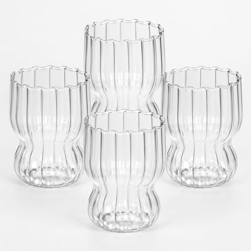 Eden & Willow Set of 4 RippleWave Ribbed Glass Drinking Cups - Borosilicate Glassware for Hot & Cold Beverages - Dishwasher Safe - for Coffee, Juice, Cocktails & Desserts (300ml)
