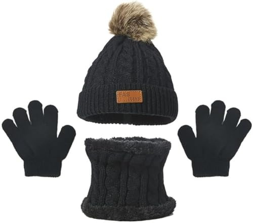 Set de Bufanda Gorro y Guantes, Conjunto de Bufanda Sombrero y Gorro Niño Invierno, Gorros con Pompon Lana NiñoBraga Cuello Polar y guantes de punto cálidos para niño 2-6 Años