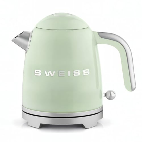 SWEISS Elektrischer Wasserkocher KTS7 im Vintage-Stil, 1 l, kompakter Edelstahl, 1200 W, schnelles Kochen, sichtbarer Wasserstand und Skala, automatische Abschaltung, 360° drehbarer Boden, Grün