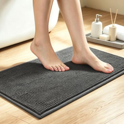 HITSLAM Tapis de Bain Épais en Chenille, Antidérapant, Anthracite, 60x40 cm | Tapis de Douche Ultra Absorbant, Doux et Moelleux, Lavable en Machine, Séchage Rapide, pour Douche, Baignoire et Lavabo