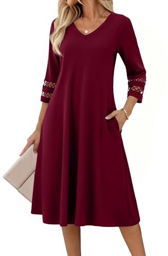 Zeagoo Robe Eté Elégante pour Femme Manches 3/4 Col en V Robe Midi | Manches en dentelle|Robes A-Line avec poches| Robe Décontractée|Tunique|Ample|Couleur Unie|Robe Femme Chic|S-XXL