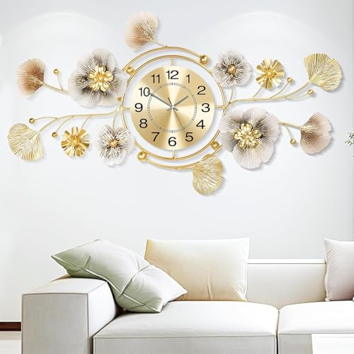 Blissio Wanduhr Wohnzimmer,Große Wanduhr,Ginkgo Blüten und Blattdesign - Wanduhren,Kann Vertikale Und Horizontale Aufhängung,für Sofawand, Schlafzimmer,Flur, Arbeitszimmer Home Decoration
