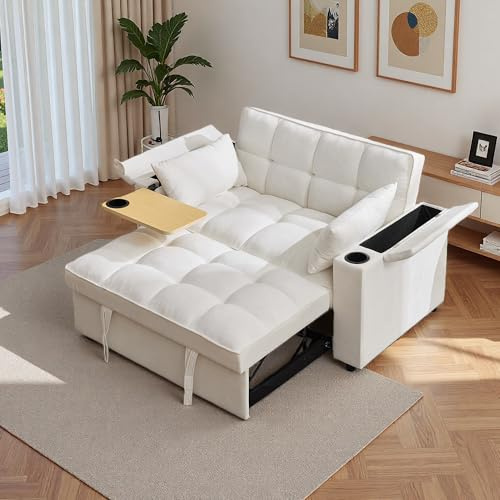 Lubvtti Divano letto 2 posti con schienale regolabile,porta USB,dotato di tavolo nascosto, portabicchieri, divano 2 posti con portaoggetti per braccioli (Beige-4)