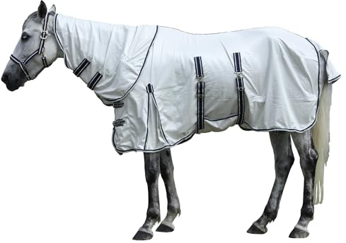 Gallopoff Couverture Anti-Mouches avec Couvre-Cou Amovible, Gris 140 cm | Bande Ventrale, Maille Respirante, Protection Anti-UV Contre Les Démangeaisons Estivales pour l'Écurie et Les Pâturages