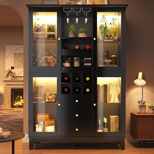 Lahoomu Weinschrank mit App-gesteuerter LED-Beleuchtung, Schwarz 180,5x120x40cm, 3 Schubladen, Weinglas- & Flaschenhalter