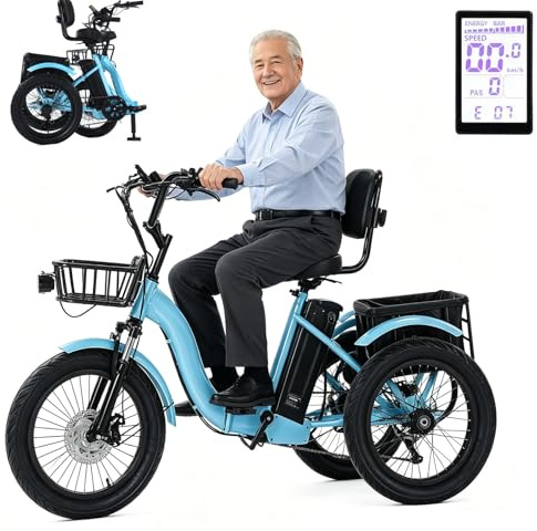 18 E Dreirad Für Erwachsene Elektro Klappbar Trike Herren Damen Zoll 3 Rad Elektrodreirad mit Gepäckkorb Breitreifen für Erwachsene Zusammenklappbar, leichter Einstieg 120 kg Tragkraft