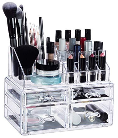 Relaxdays Make-Up Organizer mit 4 Schubladen, Make Up Kit für Lippenstift, Nagellack, Kosmetikregal Acryl, transparent