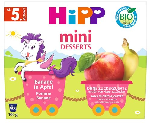 HiPP Bio Mini Desserts Banane in Apfel, 6x4x100g (24 Becher), ab 5. Monat, ohne Zuckerzusatz, als Nachtisch oder zur Breizubereitung