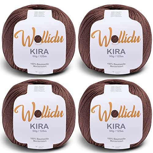 Wollidu Kira 100 % bomull för stickning och virkning 4 x 50 g set virkgarn stickgarn – brun