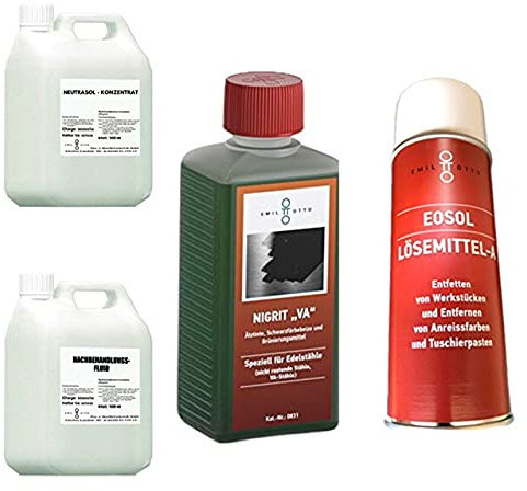 Brünier-Set B: 500 g Nigrit VA + 400 ml EOSOL Lösemittel A + 1.000 ml Neutrasol + 1.000 ml Nachbehandlungs-Fluid