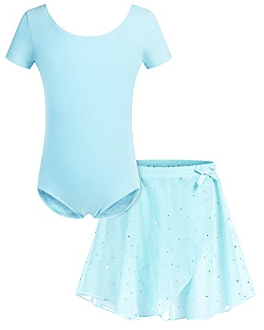 Bricnat Abbigliamento da Balletto per Ragazze Abito da Balletto Body da Danza Body Abito da Ballo a Maniche Corte con tutù Cotone per Bambini Verde Turchese