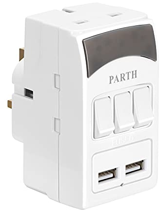 PARTH Plug Adaptor UK, 3 Sockets Power Extension Adapter, with 2 USB Ports | Triple Plugs,Individually Switched,3250w,13A,for Travel /Shaver/Electric Toothbrush,Wall Charger,for Space Saving