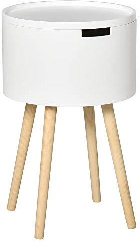 HOMCOM Modern Side Table with Hidden Storage Space, Round Night Stand with Removable Tray Wood Frame End Coffee Table for Living Room, White