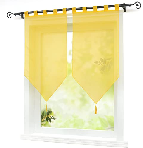 ESLIR Scheibengardinen Set Transparente Bistrogardine küche Gardinen mit Schlaufen Modern Vorhänge Voile Uni Gelb BxH 45x90cm x2 (2 Stück)
