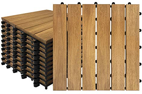 XMTECH 1m² Holzfliesen Klickfliesen – Akazien Holz Terrassenfliesen Balkonfliesen, 11er Set, 30x30cm mit Entwässerungssystem und Klicksystem (Modell A)