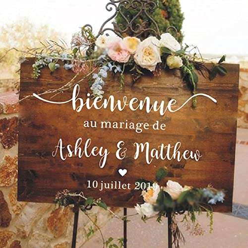 Bienvenue Autocollant de Mariage, Panneau de Réception Français, Conseil Personnalisé pour Verre, Nom et Date (57x33cm)