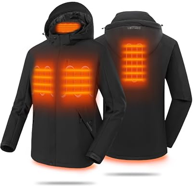 HEWINZE Chaqueta Calefactable Hombre con paquete de batería de 7.4V,Chaqueta Softshell con Capucha para Hombre,Abrigos Impermeables para Trabajo al Aire Libre Esquí Montar Motocicleta.