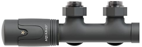 Aquabad® Kit de válvula acodada con Termostato para radiadores con conexión central de 50mm, Antracita, incluye adaptadores para tubo de cobre de 15mm y tubo multicapa de 16mm PEX