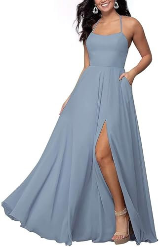 Sincemeet Langes Chiffon Brautjunfernkleid Spaghettiträgern Abschlussballkleid Mit Schlitz Rückenfreies Abendkleid Mit Tasche