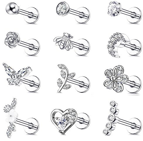 JeweBella 12 Stück 16G Tragus Helix Ohrringe für Damen - Chirurgenstahl Knorpel Ohrringe Mit Zirkonia Herz Blume - Conch Labret Nase Piercing Ohrstecker Set - Silber/Gold