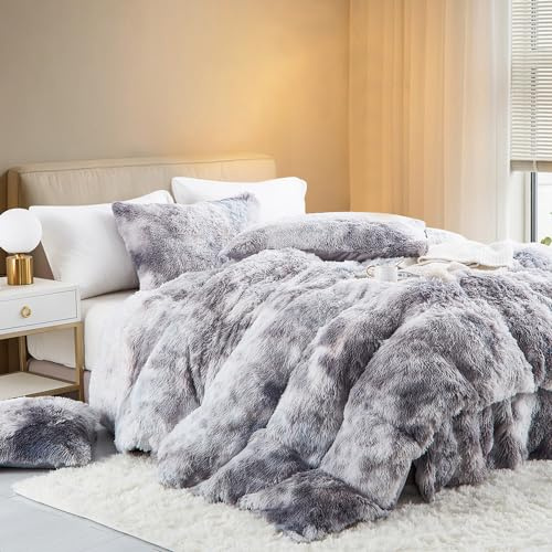 Freyamy Peluche Housse de Couette 200x200cm Gris Shaggy Faux Fur Parure de lit 2 Personne Hiver Chaude avec Fermeture Éclair Duveteux Chaleur Flanelle Linge de lit avec 2 Taie d'oreiller 65 x 65cm