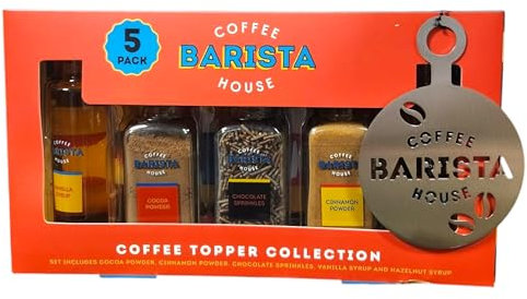 Barista Coffee Topper Gift Set 5pk With Stencil Vanilla Sugar Cinnamon Powder Chocolate Sprinkle Cocoa Powder Hazel Syrup Coffee Lovers Gift