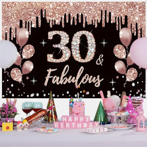 30. Geburtstag Deko für Frauen, 30 Geburtstag Dekoration Schwarz und Roségold Glitzerflecken Stoff Schild Plakat Hintergrund Banner Frau 30 Geburtstagsfeier Deko
