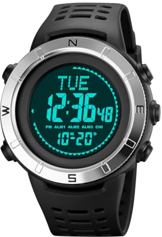 TONSHEN Herren Outdoor Elektron Kompass Countdown Digital Uhren 50M Wasserdicht LED Double Zeit Militär Sportuhr Plastik Lünette mit Silikon Band Armbanduhr