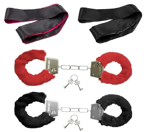 2 Paar Handschellen Set mit 4 Schlüsseln & 2 Schlafmasken, Plüsch Handfesseln, Metall Handschellen für Kostüm Partyzubehör Pretend Play (Rrot+Schwarz)