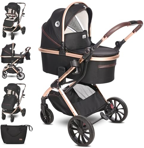 Lorelli Glory - Passeggino combinato 2 in 1 fino a 22 kg, con navicella e seggiolino sportivo, passeggino da viaggio, pieghevole, con ruote in gomma e sospensioni, colore: nero