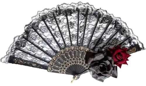 Hrippy Lolita Gothic Fan Lace Hand Fan Vintage Black Red Rose Fans Folding Hand Held Fan Female Retro Style for Wedding, Dancing, Church