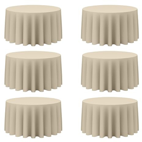 BRILLMAX 6 Pack Beige Round Tablecloths 120 Inch for 60” Tables - 150 GSM Polyester Fabric, Floor Length Drop, Water, Stain & Wrinkle Resistant Cloth Cover for Wedding Reception Banquet Dining