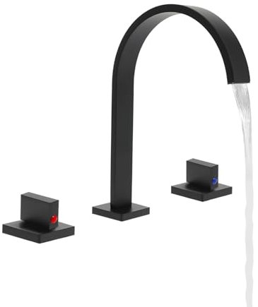 JUEMII Wasserfall-Armaturen Schwarz Wasserhahn Küchenarmatur Bad Armatur Spültisch, 3 Löcher,Auslauf Höhe 16.5cm, heiß und kalt einstellbar Waschtischarmaturen für Küchen Badezimmer Arbeitsplatten