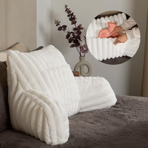 OHS Reading Pillow Ribbed Faux Fur, Heatable Pocket Super Soft Cosy Reading Cushion for Adults Snuggle Relaxing Bed Armchair Pillow Back Support, Cream