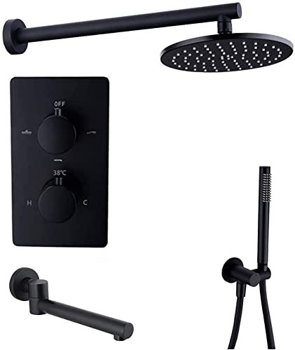 Klassische Dusche, thermostatisches Messing-Schwarz-Wand-Duschset mit 8–12 Zoll Badezimmer-Regendusche-Wasserhahn-Set und Handbrause- und Wannenarmaturen, Luxus-Duschset, 12 Zoll