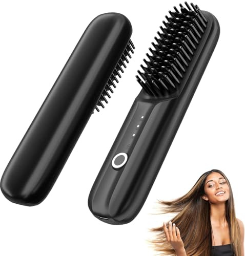 Cordless Hair Straightener Brush, Portable Straightening Brush for Women, Mini Negative Ion Hot Comb for Travel, USB Rechargeable, Fast Heating 3 Temperature Settings (Black)