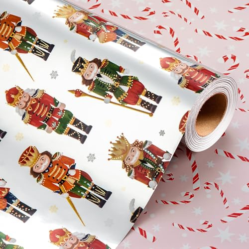 Wikadlik Weihnachts-Geschenkpapier Rolle - Nussknacker, Trommel, Schneeflocke und Zuckerstangen Design Silber Geschenkpapier - 43 cm x 10 m