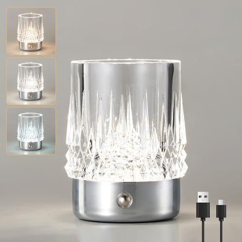 HARPER LIVING Rechargeable Table Lamp, Small Battery Operated Desk Lamp, 3 Colors & Dimmable LED Touch Lamps, USB Table Light for Bedside Living Room Kids Room, Cylindrical Shade, Chrome Finish