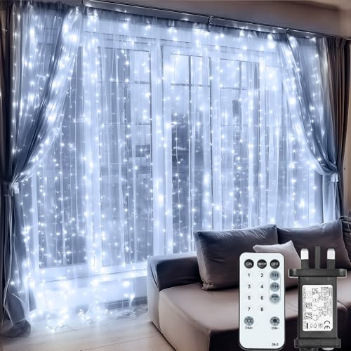 MAGGIFT Window Lights Christmas Decorations, 3x3m 450 LED Cold White Plug in Curtain Fairy Lights with Timer/Remote/8 Modes/Dimmable, Indoor Outdoor