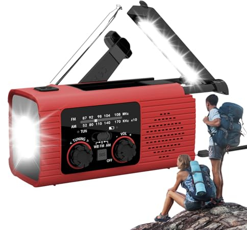 Radio Solaire d'urgence, Radio à manivelle, radios Portable AM/FM/NOAA à remontage Manuel avec Lampe Torche dynamos, radios météo Triple Charge, Batterie Externe pour Longs trajets(Rouge)
