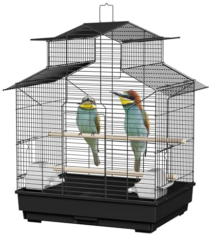 LILIIN Papageienkäfig Vogelkäfig Vogelvoliere Vogelhaus Metall Käfig Voliere kanarienvögelkäfig, Käfig Vogel für Finken, Schwarz, 46x36x62cm (mit Dach)