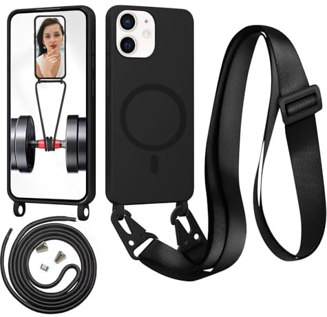 Beajew Handykette für iPhone 12 Mini Hülle mit Band [Kompatibel mit Magsafe] Flüssig Silikon Necklace Handyhülle Magnetische Schutzhülle zum Umhängen Kordel für iPhone 12 Mini, Schwarz