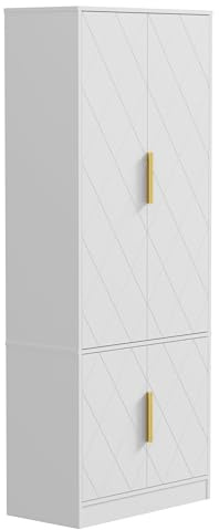 UEV Armario Alto de Cocina 150CM Diseño Diamante, Armario Alto con 4 Puertas, Gran Espacio de Almacenaje, Armario Buffet de Cocina Seguro con Diseño Antivuelco, 60 x 30 x 150 cm, Blanco