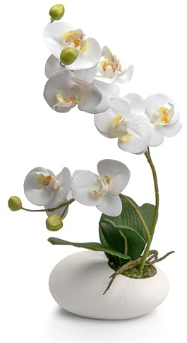 Crystals Artificial Orchid Flower in Pot – Realistic Faux Orchid Plant Decoration for Home, Office, or Event – Elegant White Floral Display – No Maintenance Required (Design 3)